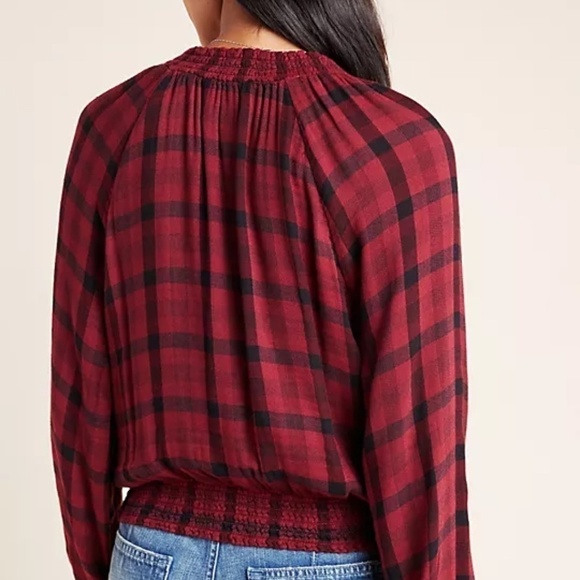 Anthropologie Cloth & Stone Sara Red Black Plaid Long Sleeve Blouse - Sz S - Picture 3 of 14